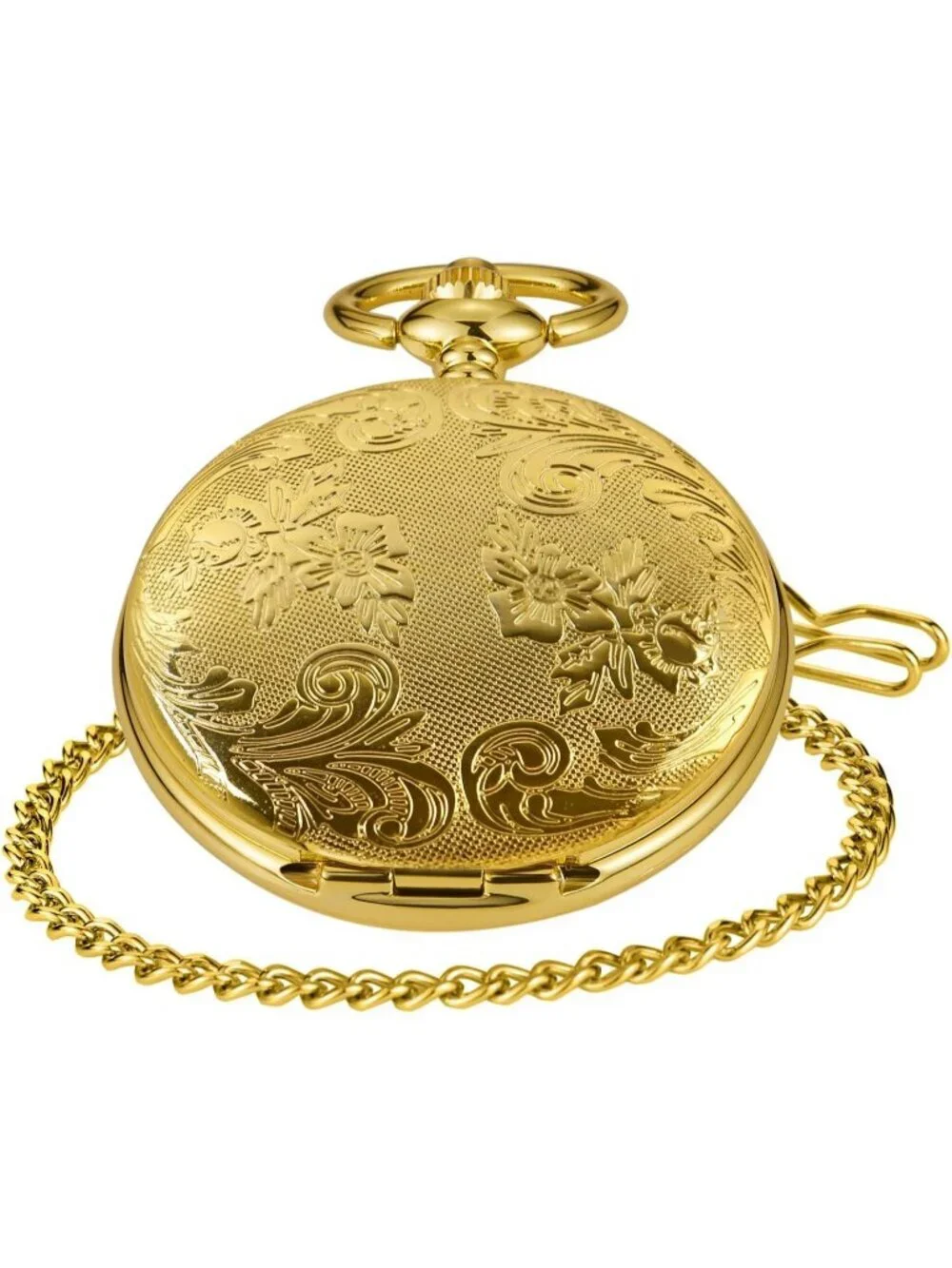 Men's All Gold Analog Quartz Flower Arabic Numerals Movement Chain Pocket Watch